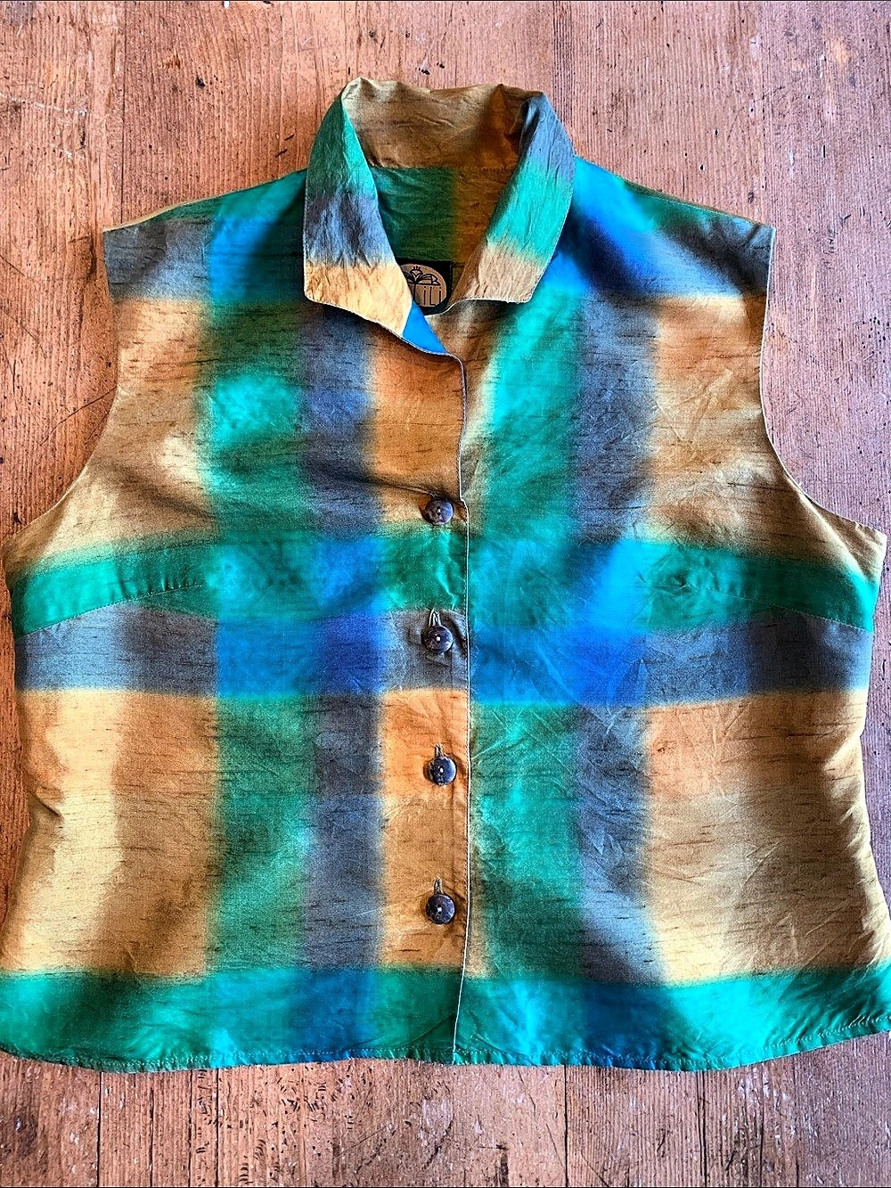 Day Lili Plaid Sleeveless Button Down Silk in Blue & Green